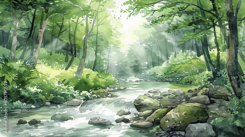 Lush watercolor illustration of a woodland creek  vibrant greens and the gentle flow of water offering a sense of renewal and calm