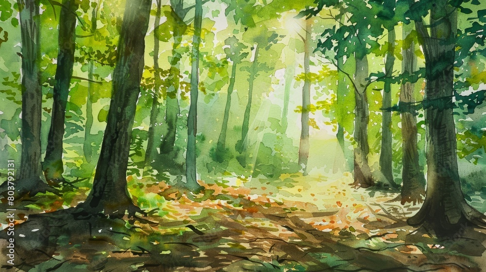Tranquil watercolor of a forest during autumn, the ground covered in colorful leaves, conveying a sense of peace and renewal