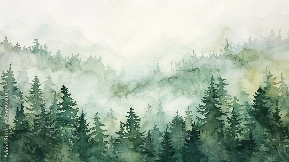 Fototapeta premium Minimalist watercolor of a quiet forest glade, a deer peering through the foliage, the scene captured in a palette of greens and earth tones