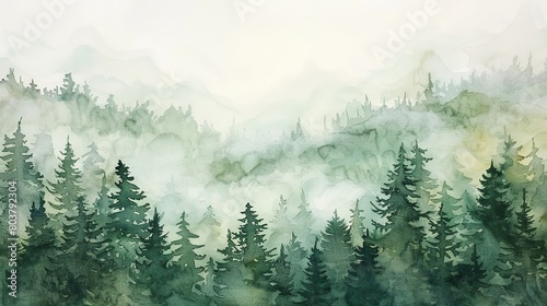 Minimalist watercolor of a quiet forest glade, a deer peering through the foliage, the scene captured in a palette of greens and earth tones © Alpha