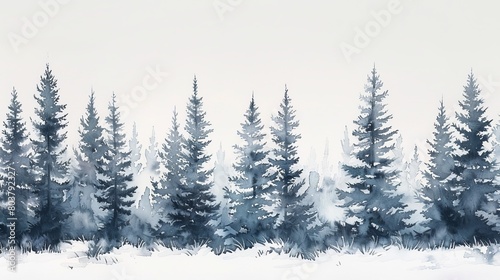 Minimalist watercolor of a pine forest in winter, the stark beauty of the snow-covered trees fostering a quiet and reflective mood © Alpha
