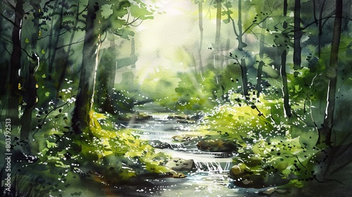Serene watercolor depicting a small forest brook, surrounded by verdant foliage and dappled sunlight, creating a soothing atmosphere