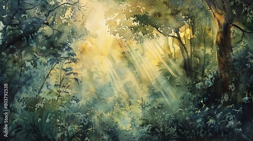 Serene watercolor of a dense, lush grove with rays of sunlight piercing through the canopy, creating a peaceful, healing environment
