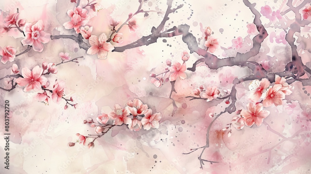 Serene watercolor of cherry blossoms in full bloom, the subtle pinks and whites offering a tranquil and soothing presence Serene watercolor of cherry blossoms in full bloom, the subtle pinks and whites offering a tranquil and soothing presence