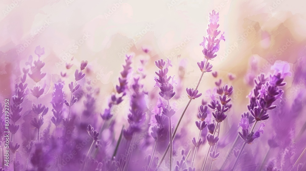 Obraz premium Serene watercolor of lavender fields swaying in the breeze, the soothing purples creating a calming atmosphere