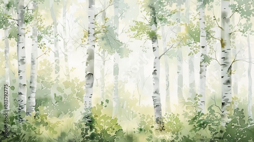 Soft and inviting watercolor of a birch forest, the white trunks standing stark against a backdrop of lush underbrush and light green foliage
