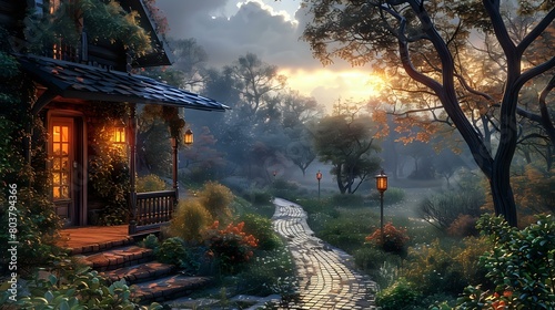Twilight Tranquility: A Serene Scene of Home and Garden