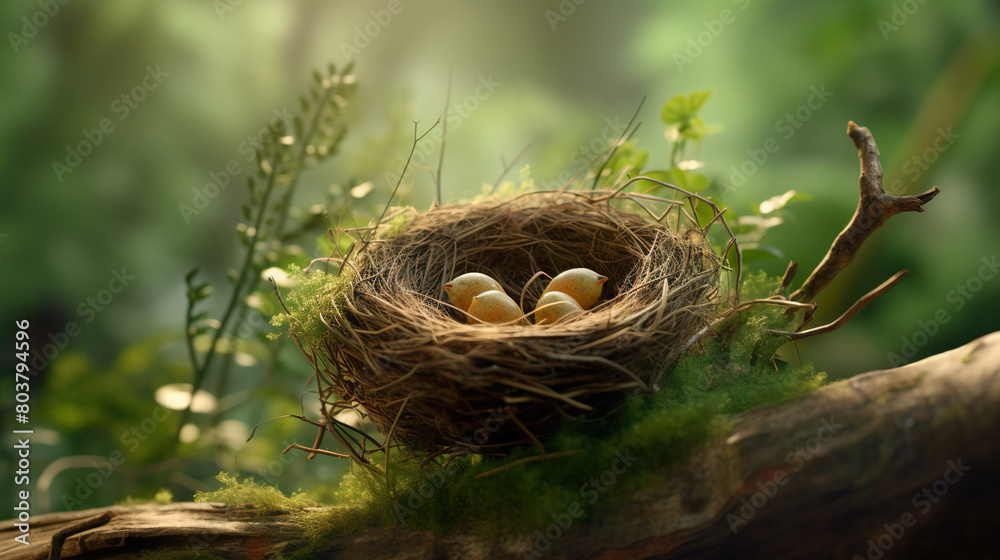 The bird's nest is made from dried grass woven together among branches and green leaves. The bird's nest is made from dried grass woven together among branches and green leaves.