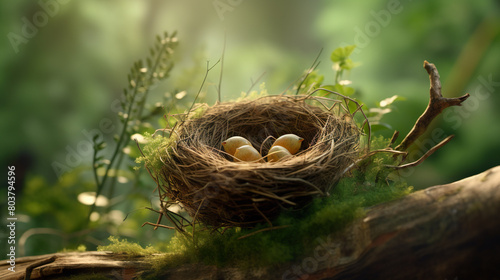 The bird's nest is made from dried grass woven together among branches and green leaves.