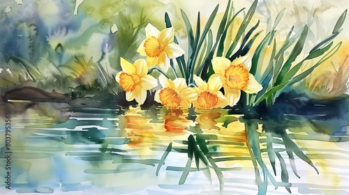 Tranquil watercolor of daffodils by a serene pond, their bright colors reflected in the water, symbolizing new beginnings and peace