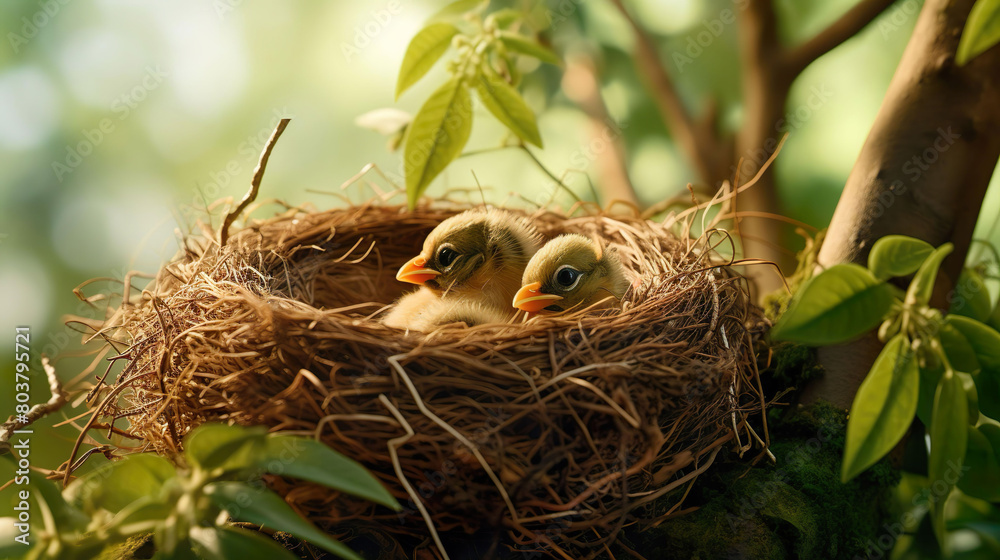 Bird's nests are made from dried grass woven into branches. Among the branches and green leaves, there is a nest baby birds. Bird's nests are made from dried grass woven into branches. Among the branches and green leaves, there is a nest baby birds.