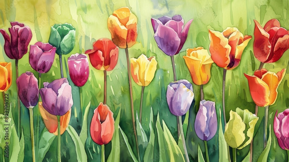 Vibrant watercolor showcasing an array of spring tulips, their bright colors popping against a natural green background, uplifting spirits