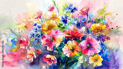 Vivid watercolor illustration of a bouquet of mixed spring flowers, bursting with colors to create a cheerful atmosphere in the clinic