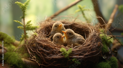 Bird's nests are made from dried grass woven into branches. Among the branches and green leaves, there is a nest baby birds. © seesulaijular