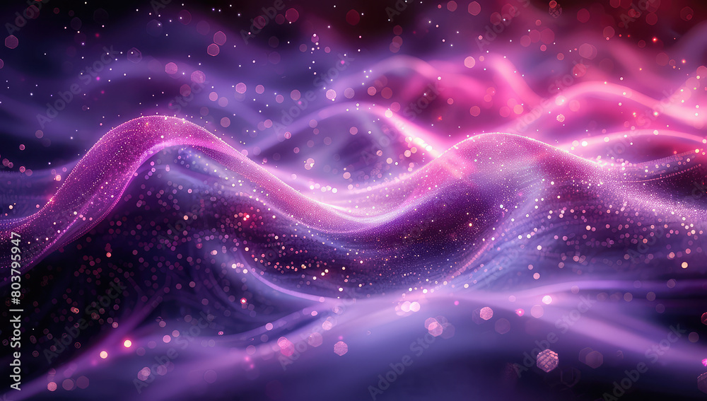 3D render, abstract background with pink and purple glowing particles on the waves of energy in space. Created with Ai
