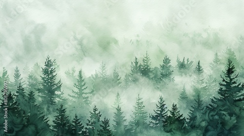 Watercolor depiction of a misty forest scene, the soft greens and greys blending to convey a soothing and mysterious woodland