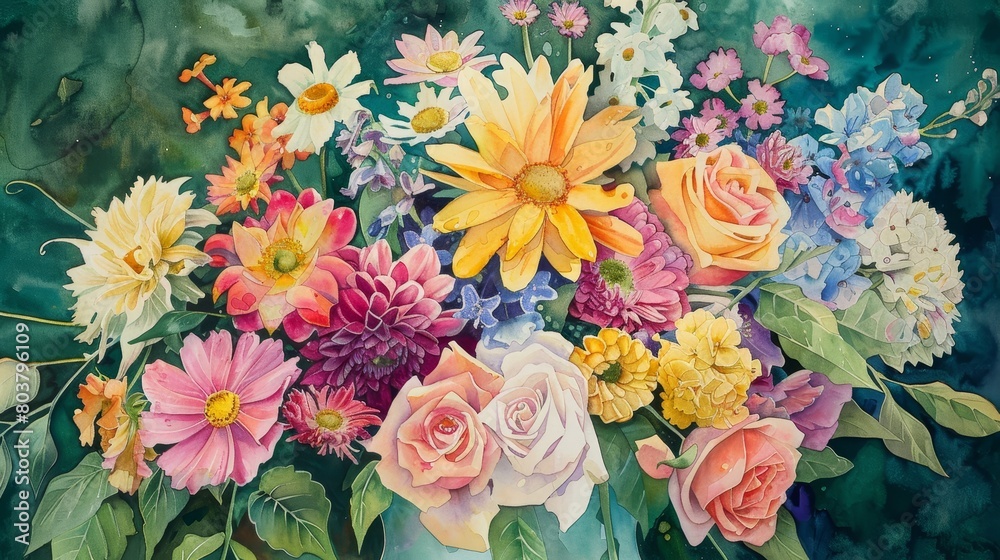 Watercolor depiction of a sunny bouquet of garden flowers, cheerful hues brightening the room and enhancing patient well-being Watercolor depiction of a sunny bouquet of garden flowers, cheerful hues brightening the room and enhancing patient well-being