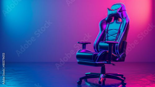 Gaming chair, 3D rendering, Gamer ergonomic chair with remote controller car, wireless VR and entertainment gadget in neon light room. colorful light and shadow, minimalist background, high resolution photo