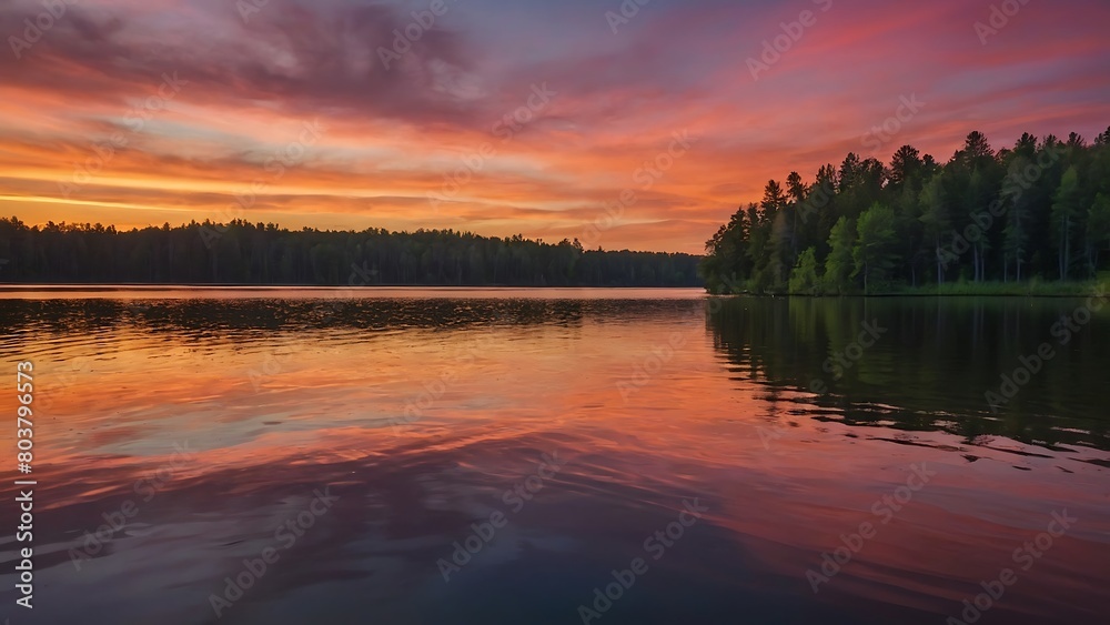 Fototapeta premium sunset on the lake Serenity's Embrace Tranquil Sunset Reflections