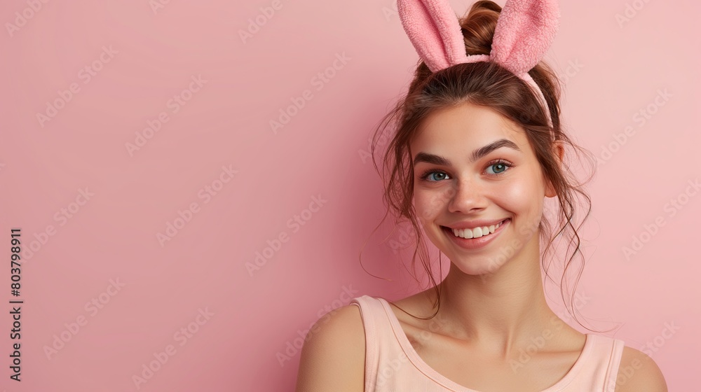 Portrait of a lovely woman wearing bunny ears in an Easter-themed setting against a dark pink backdrop, with room for text, suitable for a Happy Easter banner. Portrait of a lovely woman wearing bunny ears in an Easter-themed setting against a dark pink backdrop, with room for text, suitable for a Happy Easter banner.