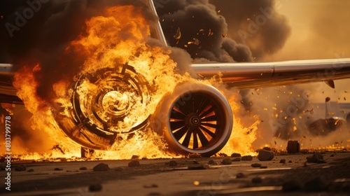 Airplane's engine caught in explosive fire on runway, dramatic emergency scene with high flames and smoke
 photo