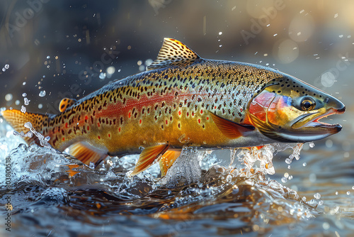  An ultrarealistic digital painting of the rainbow trout with its distinctive stripes and colorful patterns. Created with Ai
