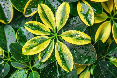 Close-up of Umbrella Tree Schefflera Leaves with Fresh Water Droplets - Nature Detail, Rainy Day, Indoor Gardening