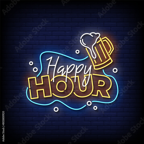 happy hour neon Sign on brick wall background vector