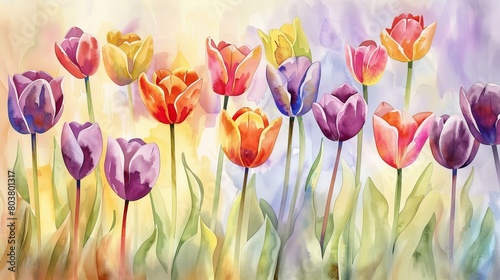 Watercolor illustration of tulips in full bloom, the vivid colors standing out against a soft, muted background, enhancing a serene clinic environment