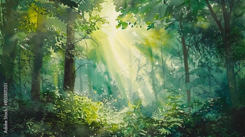 Watercolor of a deep forest scene with sunlight piercing through dense foliage  casting light spots on a peaceful undergrowth