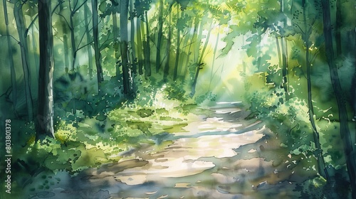 Watercolor of a deep, lush forest path, rich green foliage and dappled sunlight creating a peaceful and renewing atmosphere