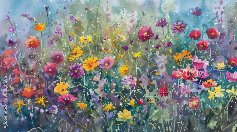 Watercolor of a sunlit field of wildflowers, vivid colors popping against a clear blue sky, energizing and uplifting the clinic atmosphere