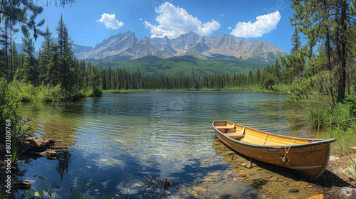 Beautiful lake with a wooden boat and mountain background. Created with Ai