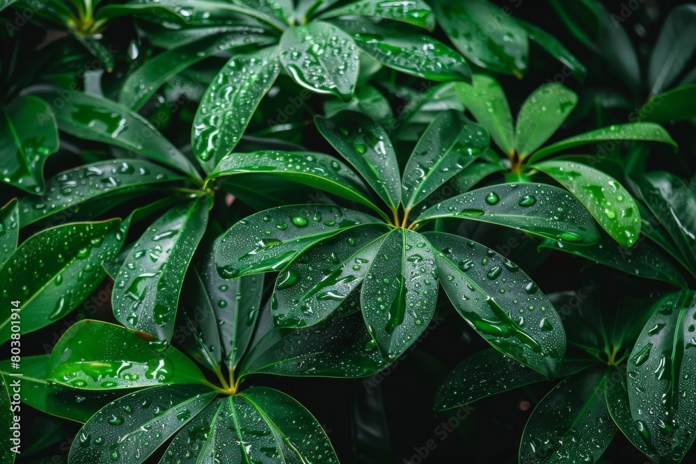 Close-up of Umbrella Tree Schefflera Leaves with Fresh Water Droplets - Nature Detail, Rainy Day, Indoor Gardening Close-up of Umbrella Tree Schefflera Leaves with Fresh Water Droplets - Nature Detail, Rainy Day, Indoor Gardening