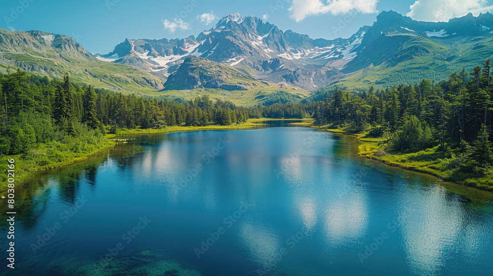 A stunning landscape of Alaska's Alaskan wilderness, featuring the majesticony mountains and serene blue waters reflecting the clear sky. Created with Ai