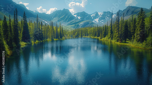 Beautiful scenery of Alaska, featuring the backdrop of mountains and forests with clear blue waters reflecting the sky. Created with Ai