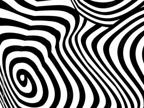 Abstract hypnotic wave pattern with black-and-white striped lines. Psychedelic background. Op art  optical illusion. Modern design  graphic texture.