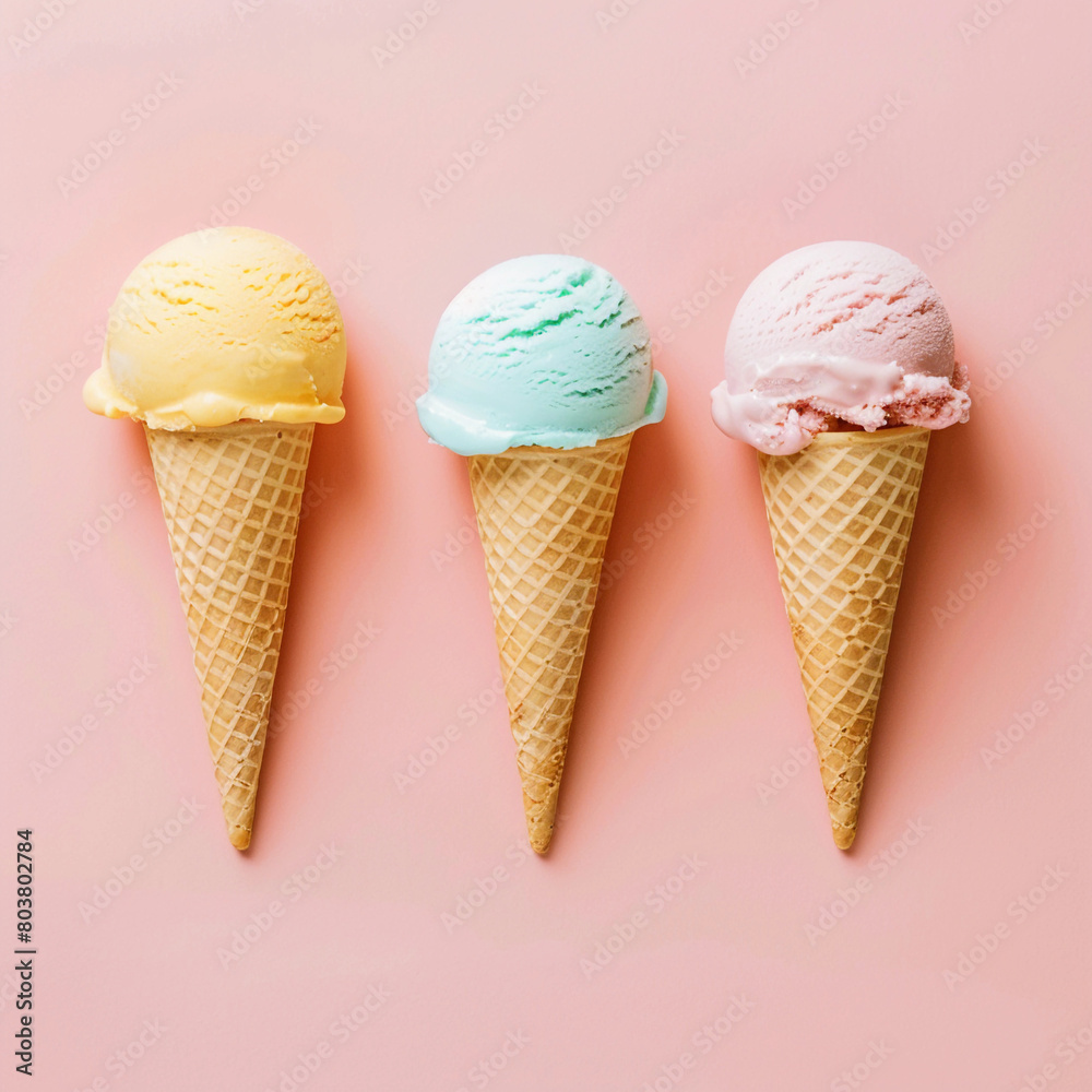 Overhead shot of three ice cream scoope in waffle cone colorful different flavor on pink background. Top view, copy space. High quality beautiful photo sweet concept