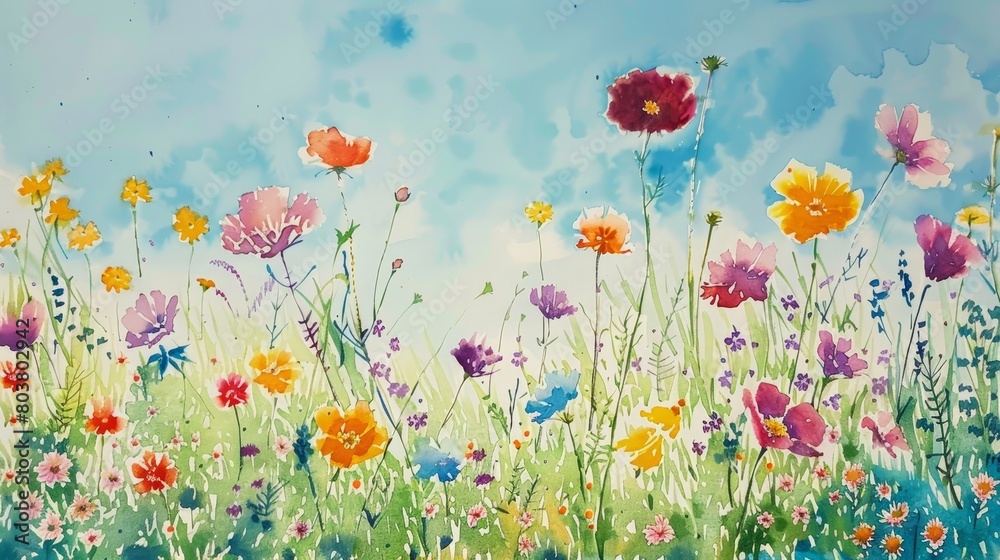 Fototapeta premium Watercolor of a sunlit field of wildflowers, vivid colors popping against a clear blue sky, energizing and uplifting the clinic atmosphere