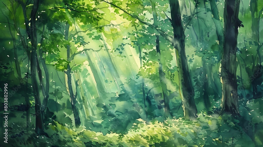 Watercolor of deep woods, rich green hues and dappled sunlight filtering through dense leaves, crafting a peaceful and healing environment Watercolor of deep woods, rich green hues and dappled sunlight filtering through dense leaves, crafting a peaceful and healing environment