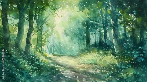 Watercolor of an enchanted forest path, rich green hues and dappled sunlight filtering through dense leaves creating a serene journey