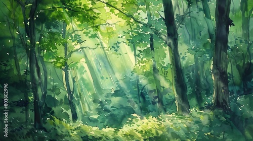 Watercolor of deep woods  rich green hues and dappled sunlight filtering through dense leaves  crafting a peaceful and healing environment