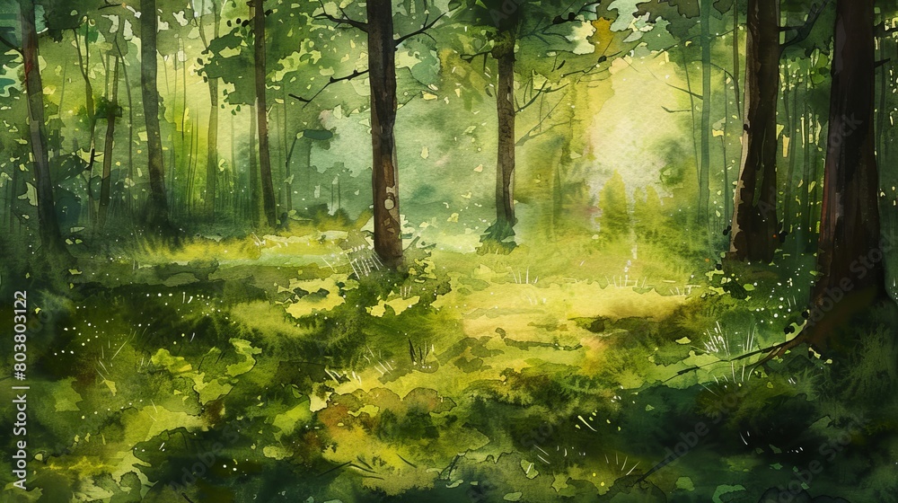 Obraz premium Watercolor painting capturing a serene forest glade, rich green hues and soft light pooling on the forest floor to invite calm and relaxation