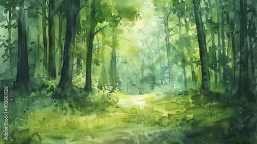 Watercolor painting capturing a serene forest glade  rich green hues and soft light pooling on the forest floor to invite calm and relaxation