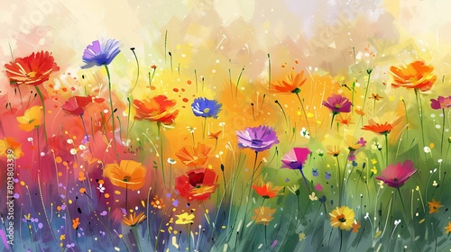 Watercolor painting of a lush field of wildflowers  vibrant colors sprawling across the canvas to bring energy and positivity to the clinic