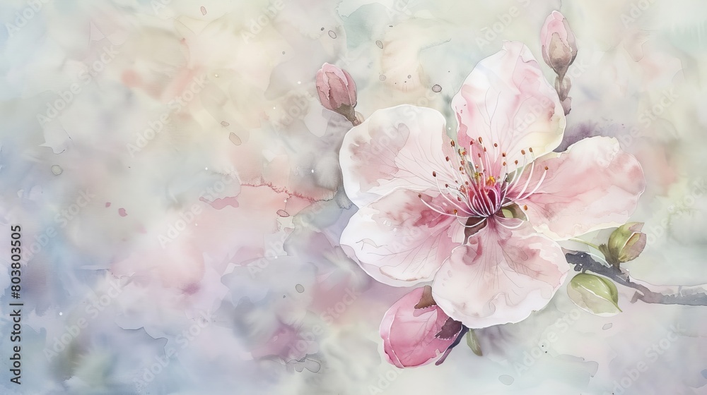 Watercolor painting of a single delicate blossom, its intricate details highlighted against a soft, blurred background, inspiring peace and focus Watercolor painting of a single delicate blossom, its intricate details highlighted against a soft, blurred background, inspiring peace and focus