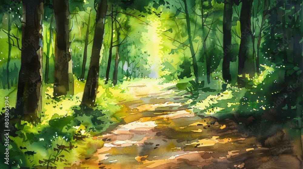 Fototapeta premium Watercolor painting of an ancient tree with a sprawling canopy, the scene bathed in golden sunlight to inspire feelings of warmth and healing
