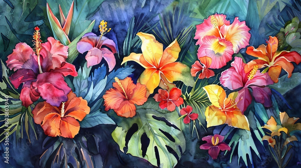 Watercolor painting of an array of tropical flowers, their exotic colors and shapes bringing an energizing and refreshing vibe to the clinic