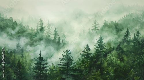 Watercolor painting of early morning mist rising from a dense forest  the muted greens and soft grays creating a soothing visual escape