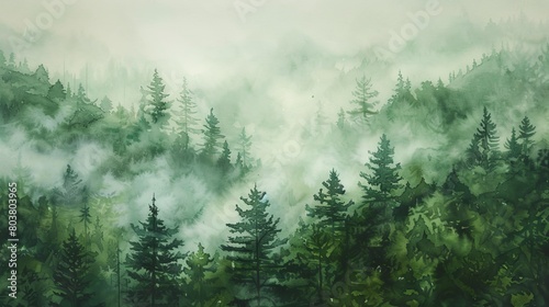 Watercolor painting of early morning mist rising from a dense forest, the muted greens and soft grays creating a soothing visual escape